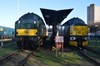UK Rail Leasing 37905 (left) and Europhoenix 37884 (right) stand at the Leicester depot fuelling point on January 15. RICHARD CLINNICK.