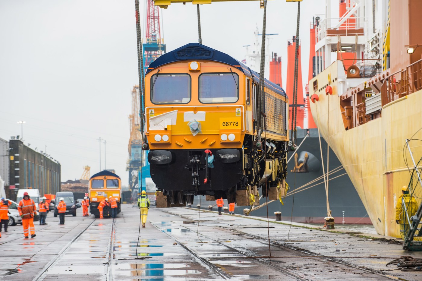 GBRf 66778 is lowered onto UK soil at Newport Docks.