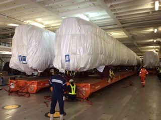 Class 385 body shells on their way to the UK. HITACHI.