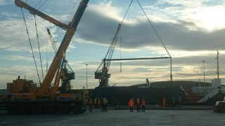 One of two new Class 68s is offloaded at Workington Docks on October 26. DAVID BENJAMIN.