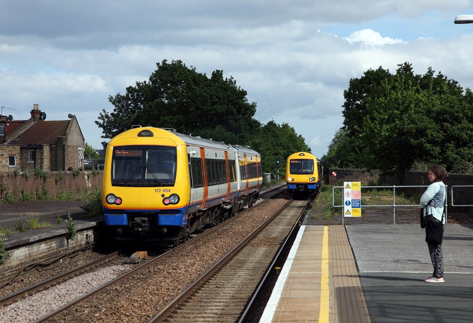 London Overground 172004 and 172003 at Leyton Road on May 24. ANTONY GUPPY.