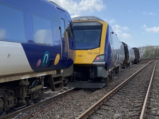 Northern's 195104 after derailing at Grange-over-Sands. RAIB.