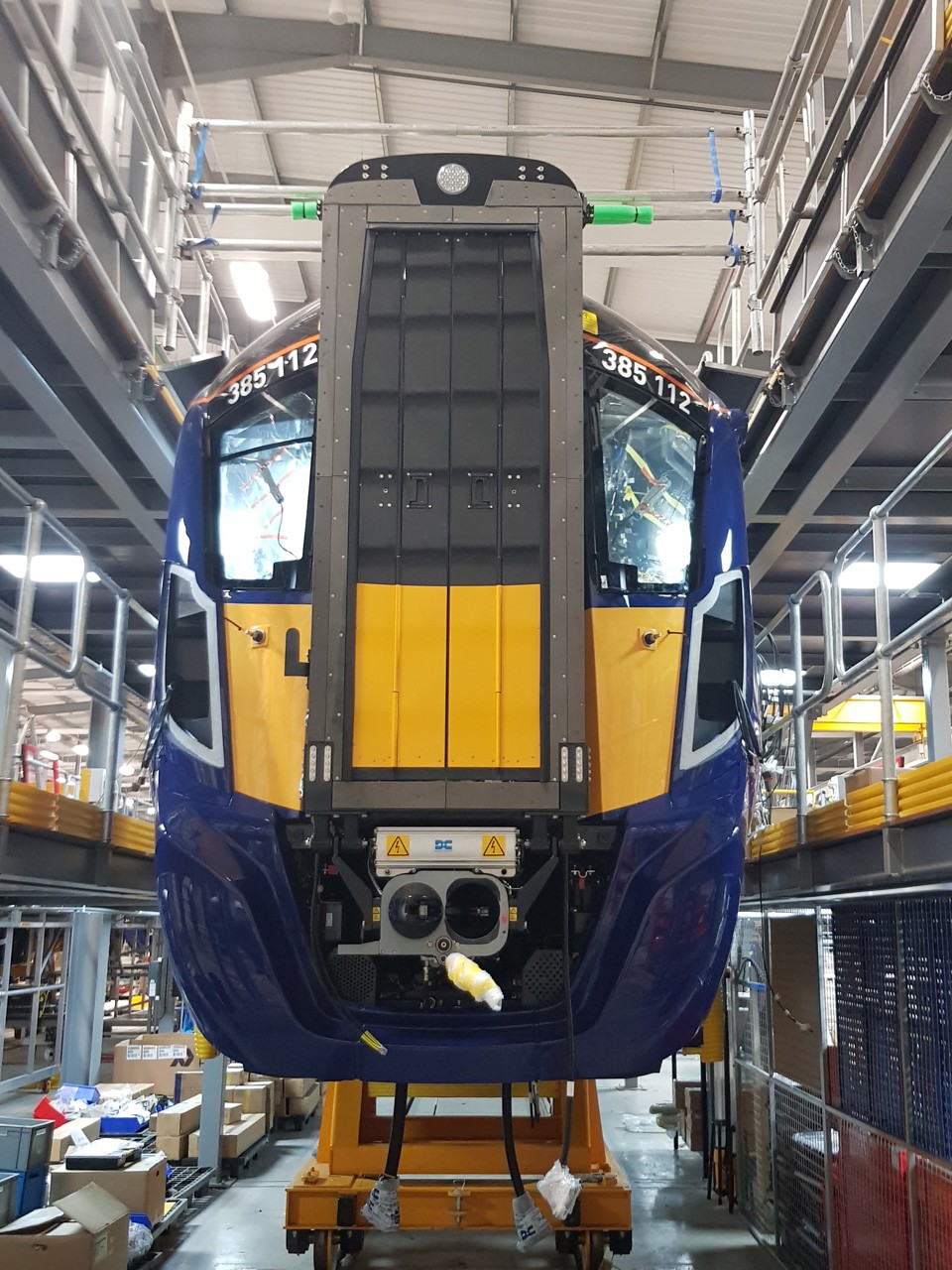 ScotRail 385112 under construction at Newton Aycliffe. JAMES GARTHWAITE.