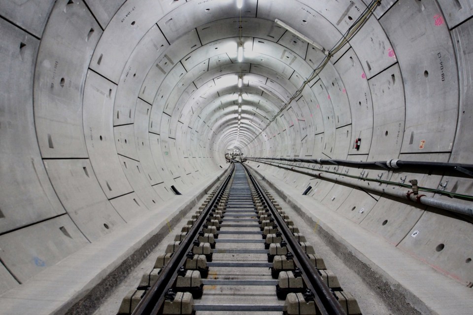 Rail and sleepers aligned in Thames tunnel prior to concrete track slab pour. CROSSRAIL LTD.