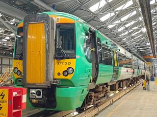 Southern 377312 awaits final inspection after undergoing refurbishment at GTR’s Selhurst Depot in South London. As the five-year project comes to an end, the team has been working on one unit per week. RICHARD WILCOCK.