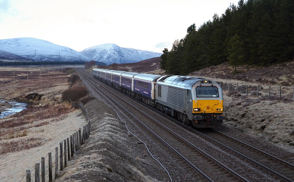 67012 hauls a London Euston-Inverness sleeper through Dalwhinnie on April 30. PHIL METCALFE.