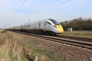 800001 approaches Marholm, near Peterborough, on April 11, with the 0836 Old Dalby-North Pole. ANDREW WRIGHT.