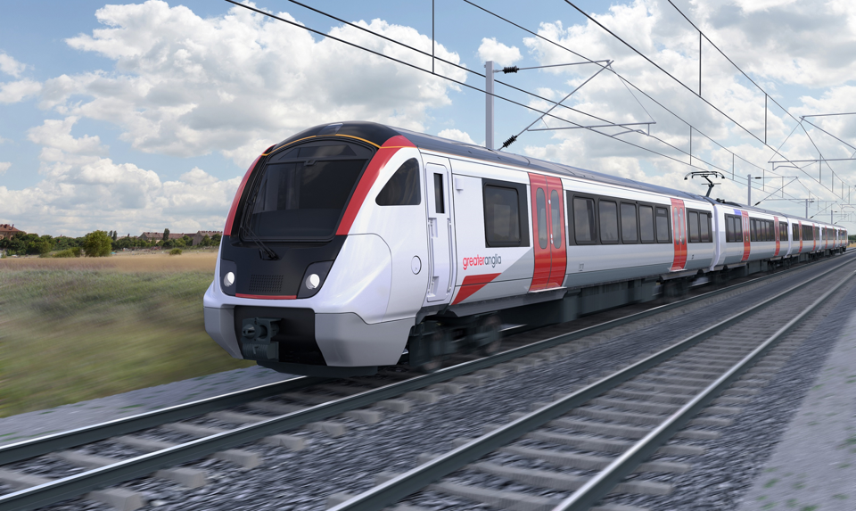 An artist's impression of a Greater Anglia five-car Aventra. GREATER ANGLIA.