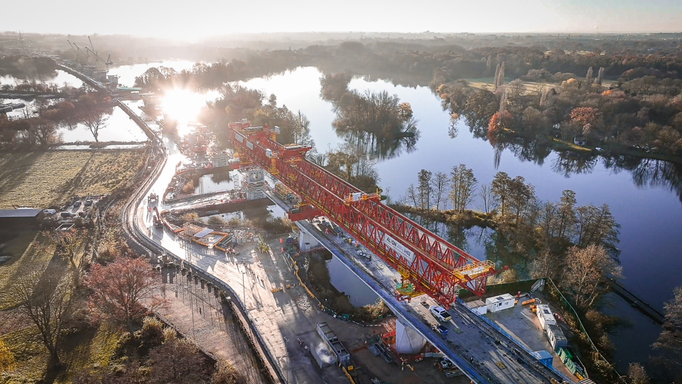 Aerial view of HS2's Colne Valley Viaduct at sunset