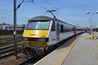 Greater Anglia 90002 at Norwich. RICHARD CLINNICK.