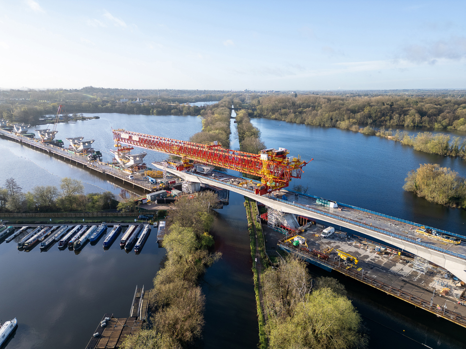 This view shows work to build the viaduct across the Colne Valley and Grand Union Canal (near Denham on the north-west edge of London) in late March. HS2