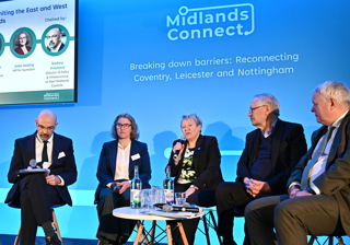 From left: Andrew Pritchard, Director of Infrastructure & Policy at East Midlands Councils, Nuneaton MP Jodie Gosling, North Warwickshire and Bedworth MP Rachel Taylor,Leicester City Mayor Sir Peter Soulsby, and Leader of Coventry City Council George Duggins outline the Coventry-Leicester proposal at an event in Coventry on February 28. STEWART WRITTLE.