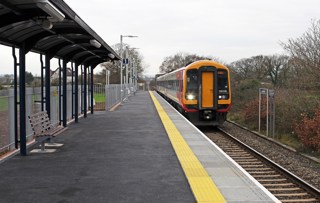 Cranbrook station (in East Devon) finally opened on December 13 2015. On the first day, South West Trains 159105 arrives forming the 1225 Exeter St Davids to Waterloo service.  DAVID MITCHELL.