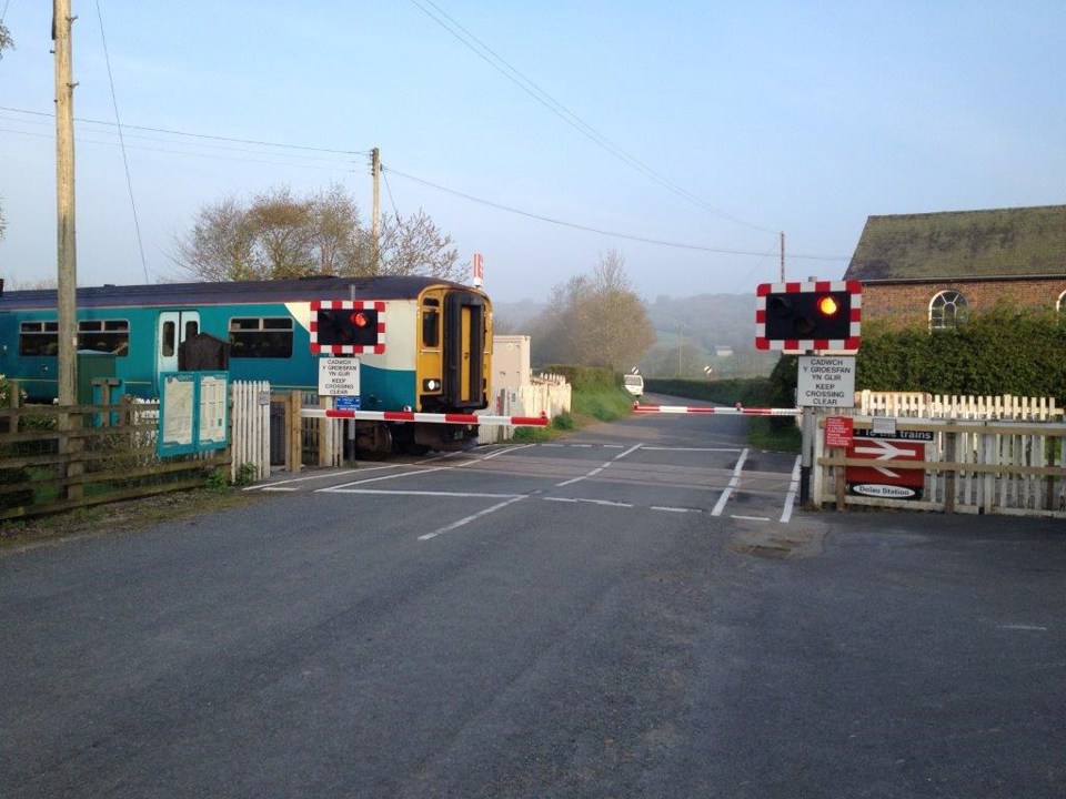 Dolau (Wales) level crossing. Previously open now fitted with barriers. NETWORK RAIL.