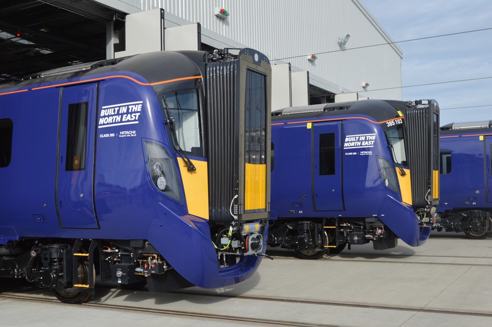 385004 (left) and 385103 (right) at Newton Aycliffe on October 12. RICHARD CLINNICK.