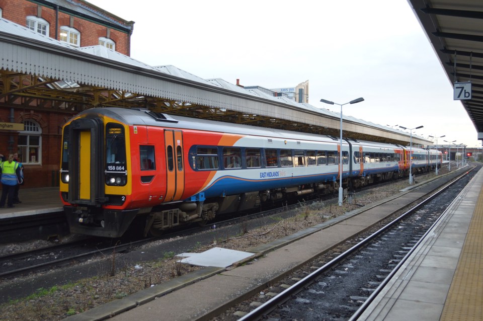 East Midlands Trains 158864 and 158810 at Nottingham on December 18, with the 0550 Norwich-Liverpool. RICHARD CLINNICK.
