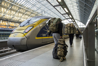 Members of the 4th Light Brigade Combat Team at St Pancras before boarding a Eurostar service to Brussels as part of their deployment to Estonia. MOD
