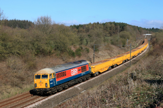 GB Railfreight 69004 RIDC Melton sweeps round the curves at Sunderland Bridge (near Durham on the East Coast Main Line) on April 4, with the 1145 Doncaster Up Decoy to Tyne S.S. empty box wagons. PAUL BIGGS.