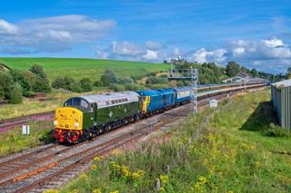 Class 40 D213 Andania pilots 50050 at Hellifield, on the circular Preston to Preston trip. TOM MCATEE.