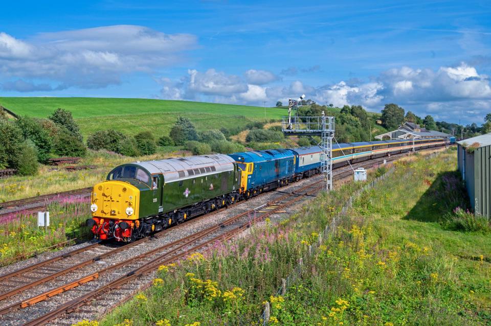 Class 40 D213 Andania pilots 50050 at Hellifield, on the circular Preston to Preston trip. TOM MCATEE.