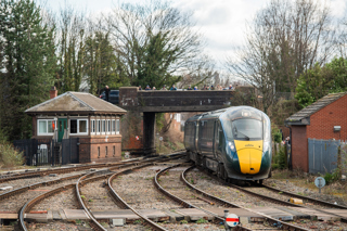 A Great Western Railway IET enters Hereford station on March 5 2022, prior to working a service to Paddington via Worcester and Oxford. Lumo trains would head south from Hereford and reach London via Abergavenny and Bristol Parkway. JACK BOSKETT.