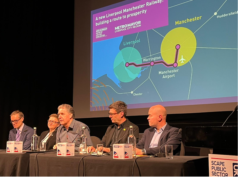 Liverpool City Region Mayor Steve Rotheram is joined by Greater Manchester Mayor Andy Burnham and Liverpool City Council Leader Cllr Liam Robinson at the unveiling of the New Liverpool-Manchester Railway Board