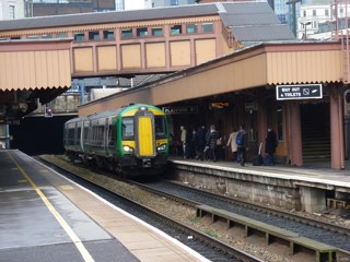 London Midland 172215 at Birmingham Moor Street on March 26 2015. RICHARD CLINNICK.