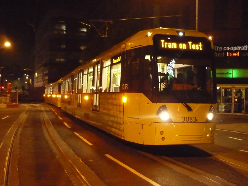 The first Metrolink tram on test in Exchange Square on November 1. TFGM.