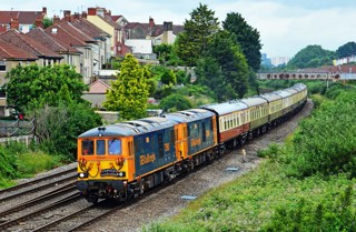 GB Railfreight 73961 and 73964 approach Parson Street, near Bristol, with the Ashford International-Weston Super Mare private charter for GB Railfreight staff on June 18. The train is formed of Mk 1 coaches. MARK PIKE. 