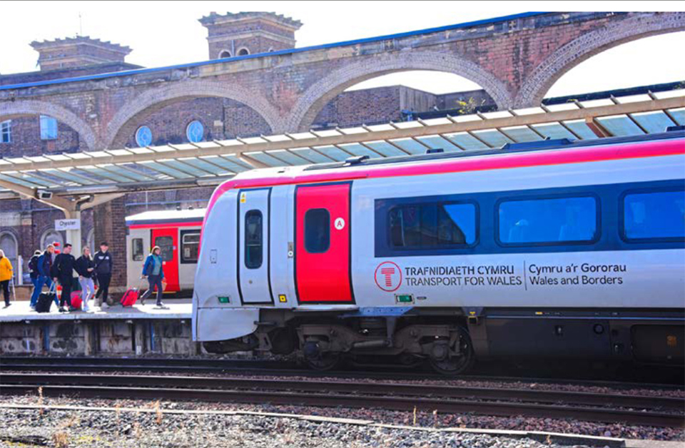 Transport for Wales 175002 waits at the 1848-opened station with the 1041 Holyhead to Llanelli service on October 15 2021.