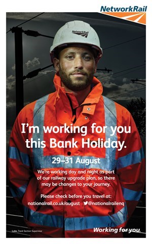 Network Rail adverts advise on Bank Holiday Work