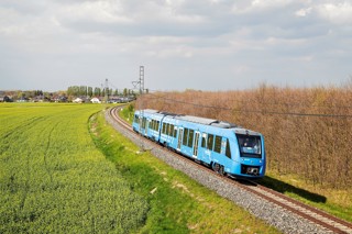 Alstom 654602 is pictured at Velim test track in the Czech Republic during the first day of test runs on April 25. The two-car Coradia iLint is scheduled to go into passenger service in Germany in January 2018 as the world’s first hydrogen fuel cell-powered train. ENRICO SCHREURS. 
