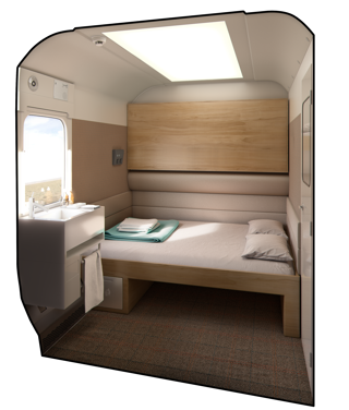 Interior of the Caledonian Sleeper Mk 5 double berth. CALEDONIAN SLEEPER. 