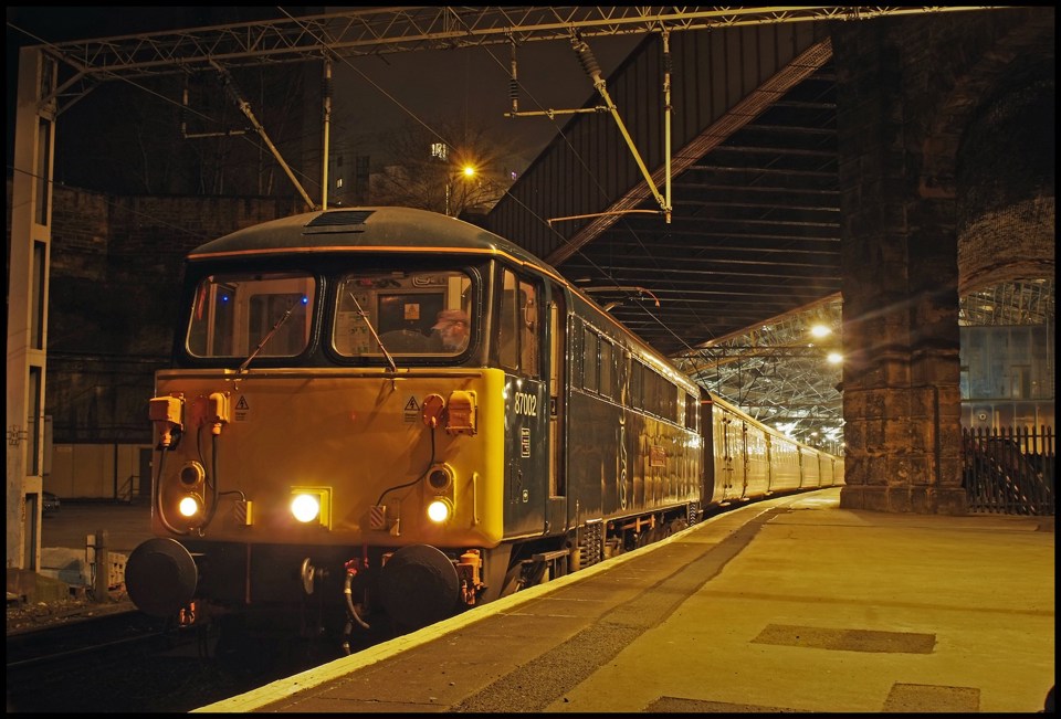 Preserved 87002 Royal Sovereign stands at Liverpool Lime Street on March 12, with empty coaching stock for a football special that ran from Liverpool South Parkway to London Euston. CHRIS WILLIAMS.