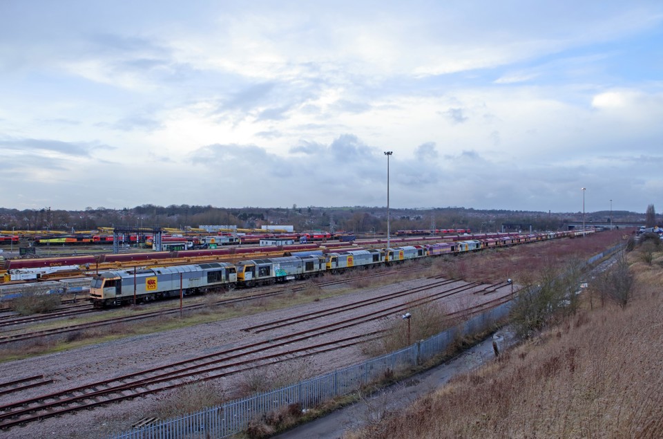 Looking north across Toton Yard and depot on January 16, towards the A52 road bridge in the distance. The sidings will be lifted and depot moved to make way for the new East Midlands Hub station. PAUL ROBERTSON.