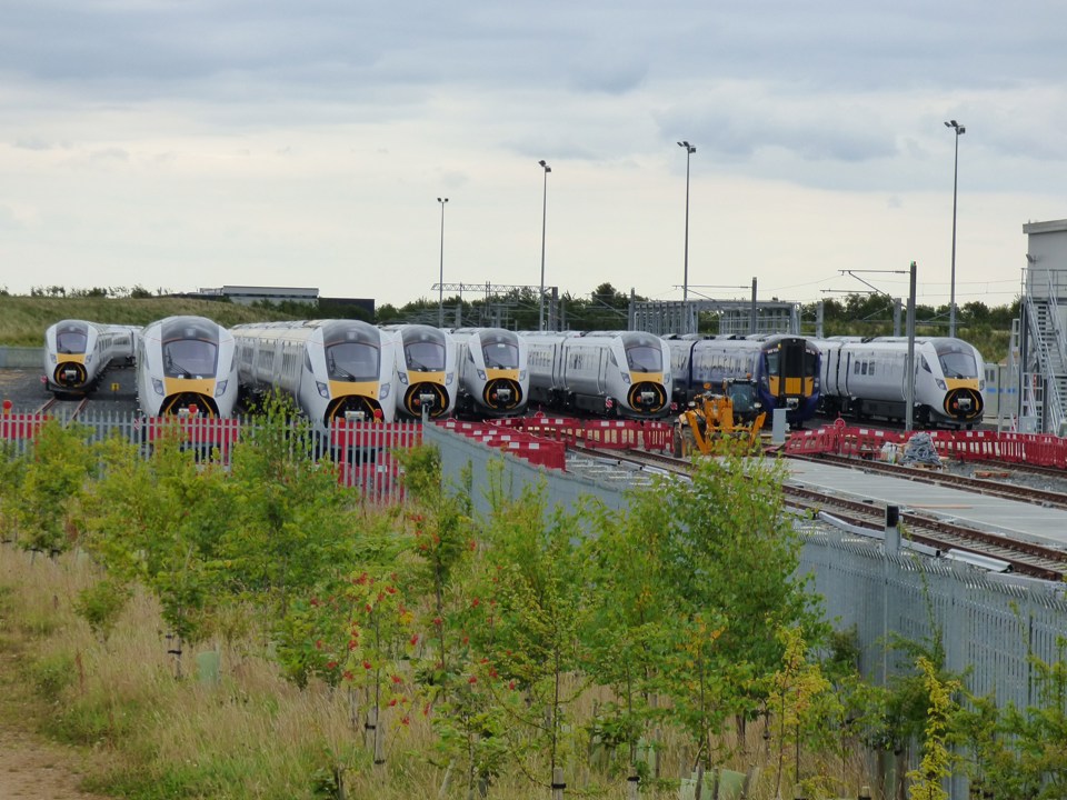 Seven Intercity Express Programme trains and a Class 385 EMU at Newton Aycliffe on August 6. JAMES GARTHWAITE.