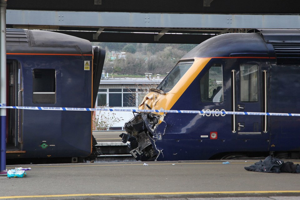 The scene at Plymouth on April 3, after Great Western Railway 150219 and classmate 150249, working the 1339 Penzance-Exeter St Davids hit the rear of the 1542 Plymouth-London Paddington, damaging both the ‘150’ and GWR 43160 Sir Moir Lockhead in platform 6. ANTONY CHRISTIE.