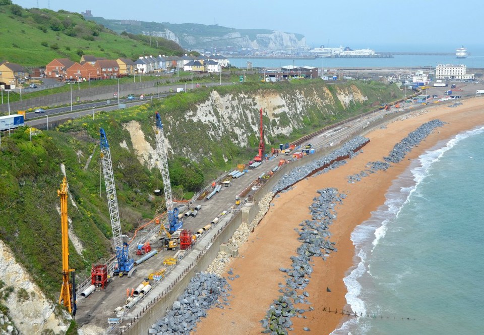 More than 25,000 tonnes of rock armour has been delivered from Norway by barge to Shakespeare Beach, near Dover. This is the scene on May 19. KATIE STAINES. 