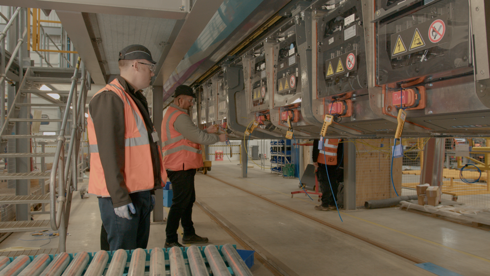 Hitachi Rail fitting hybrid battery at Newton Aycliffe