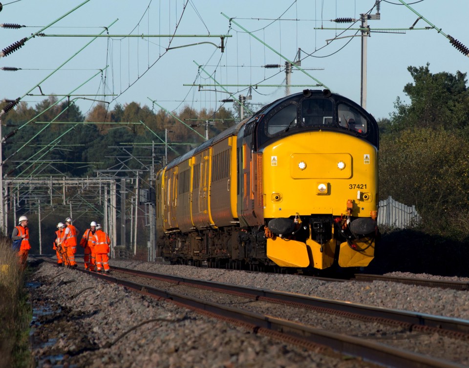 Colas Rail 37421 on a Network Rail test train near Northampton. PETER FOSTER.