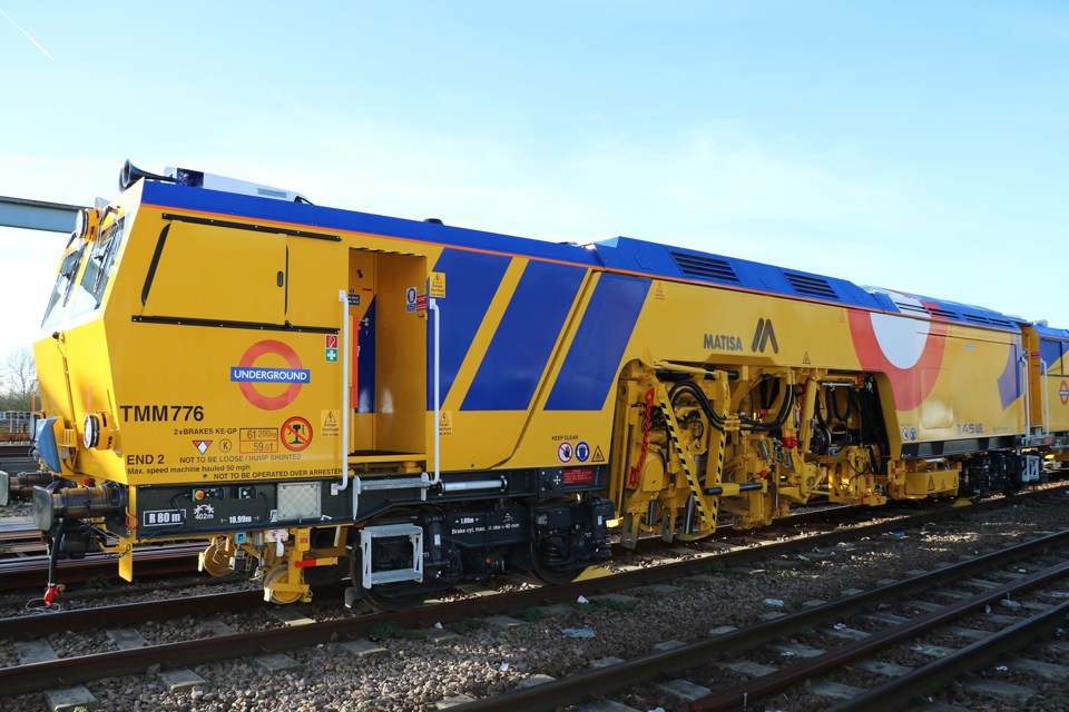 One of London Underground’s two brand new £3.5 million B45 Matisa Tamper units stands at Ruislip on December 9. TRANSPORT FOR LONDON.