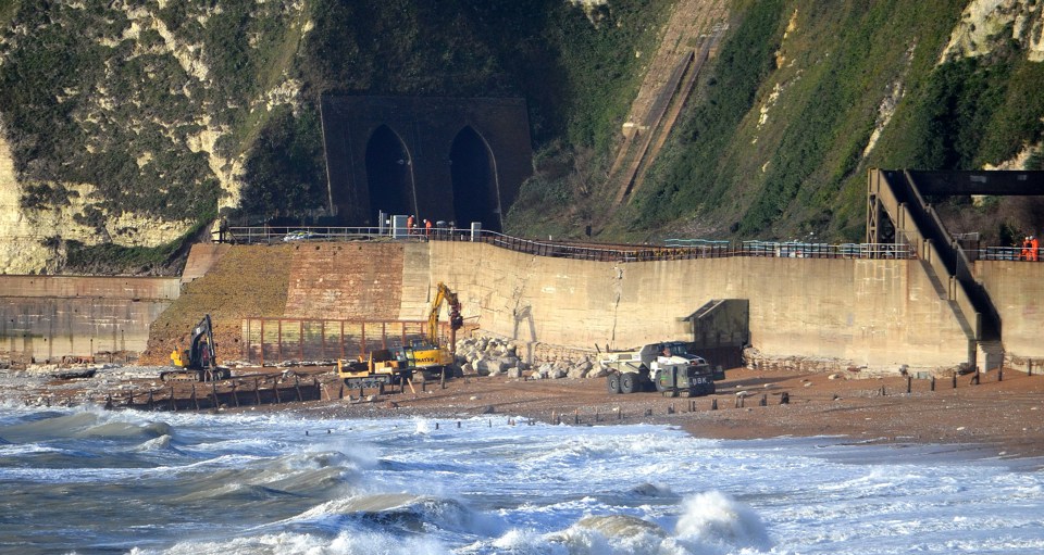 On December 31 2015, the clear slump and two main cracks in the sea wall conveying formation of the main Dover–London line outside Shakespeare Cliff Tunnel. DAVID STAINES.