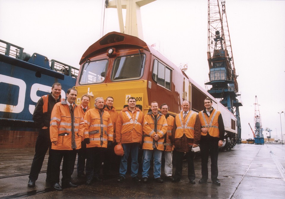 Left: The jubilant EWS Class 66 commissioning team stand in front of the locomotive, from left to right are: Mike Studley, Dave Phillips, Steve Faulkner, Tim Ware, Doug Roffey, Graham Preston, Ian Dougherty, Roland Hatton, Dave Shillitoe and Dave Wass. MEL HOLLEY.   