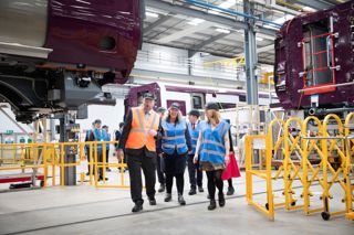 Transport Secretary Heidi Alexander, centre, with North East Mayor Kim McGuinness and officials from Hitachi, Angel Trains and Grand Central being shown around Hitachi's Newton Aycliffe factory. HITACHI.