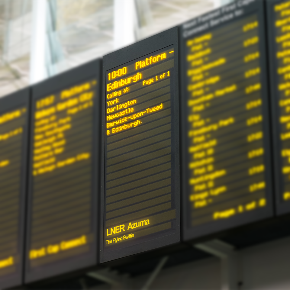 Flying Swiftie displayed on departures board concourse at King's Cross
