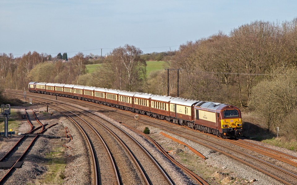 67021 and 67024 pass Clay Cross, Derbyshire with the returning London Victoria to Chesterfield excursion on April 18. ROBERT FALCONER.
