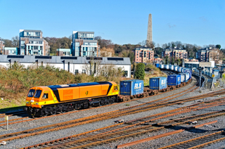 H Davis is set to win a £100 million wagon order from Iarnród Éireann for the supply of up to 400 railway wagons. The current vacuum-braked wagon fleet, mainly dating from the 1970s, will be replaced with modern airbrakes wagons and will allow IÉ to expand rail freight. On March 15, IÉ released Class 201, 220 River Blackwater, into traffic in a revised original IÉ orange livery, to mark the 30th anniversary of the introduction of the class into services. It is seen passing Islandbridge Junction with the Dublin North Wall to Ballina IWT. STEPHEN WHITE.